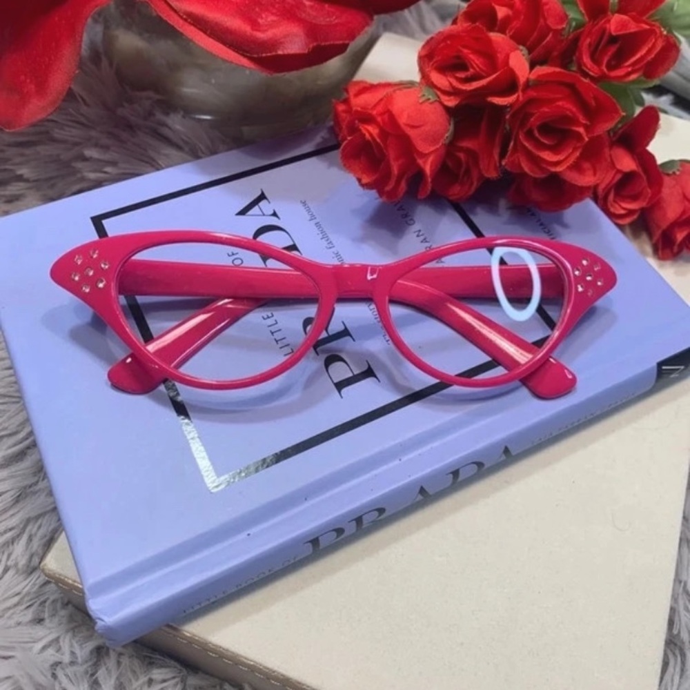 🌹Hip Hop 50's • Womens Cat Eye Rhinestone Glasses (Adult Hot Pink)